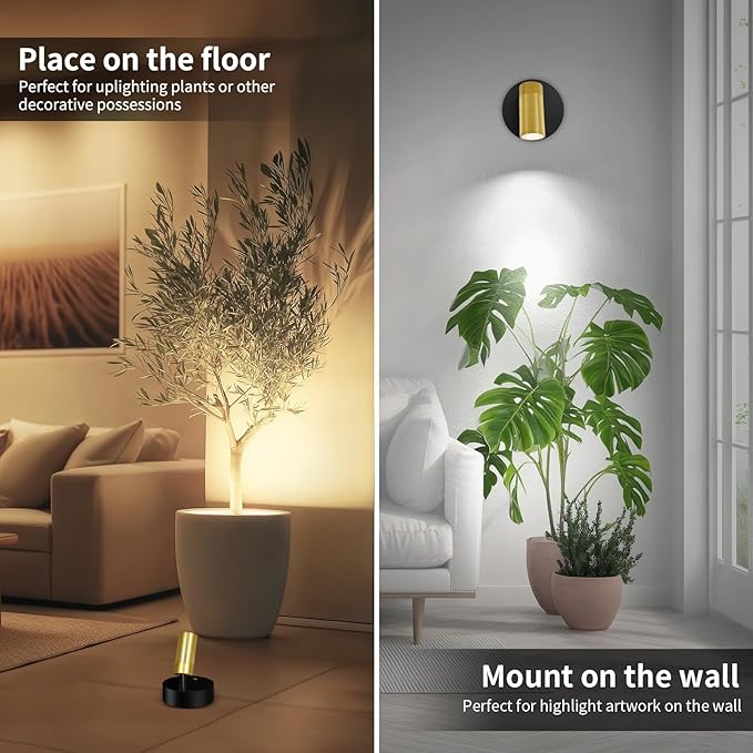 Spotlight Indoor, Wireless Uplighting Indoor with Remote Dimmable, 350° Rotate,Rechargeable Battery Powered Ceiling Spotlight for Artwork Painting Tree Plant Picture Lights Black and Gold