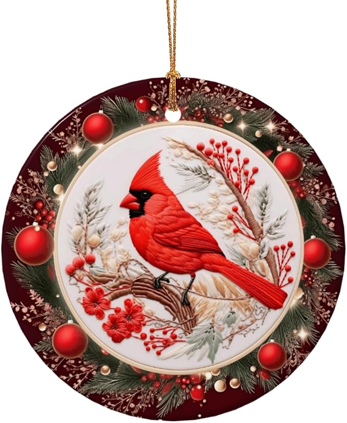 Merry Christmas Cardinal Red Ball Christmas Ornaments, Christmas Decorations Xmas Tree Hanging Ornaments, Round Ceramic Festive Keepsake Gift for Xmas Decorations Holiday Home Decor