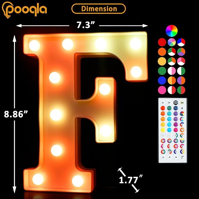 Pooqla Colorful Light Up Letters with Remote, Upgraded 35 Colors LED Marquee Letters, RGB Lighted Letter for Girls Teenager Gift, Birthday, Party, Wedding, Night Light, Room, Bedroom Decor, Letter F