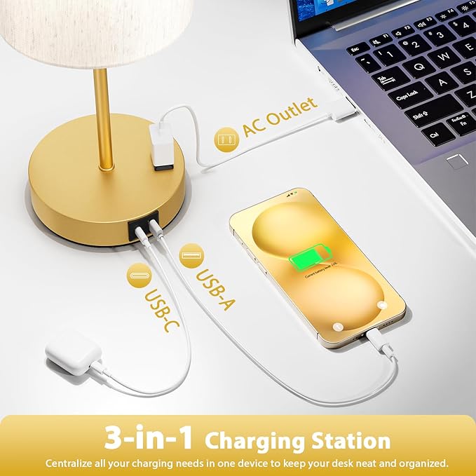 Gold Touch Lamps for Nightstand Set of 2 - Bedside Table Lamp for Bedroom with Dual USB Ports & AC Outlet, 3-Way Dimmable Lamps for Living Room Boys Room, Night Light with 5000K Daylight Bulbs