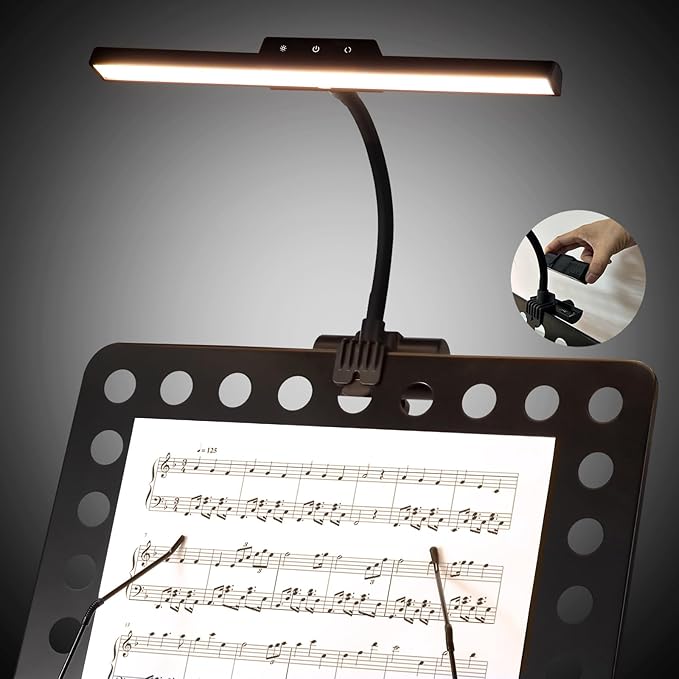 Super Bright Music Stand Light, LED Clip On Light,Magnetic Base, Removable Rechargeable Battery Operated, Long-Lasting USB-C Eye-Care Clamp Lamp, Gooseneck Design for Sheet Music, Black