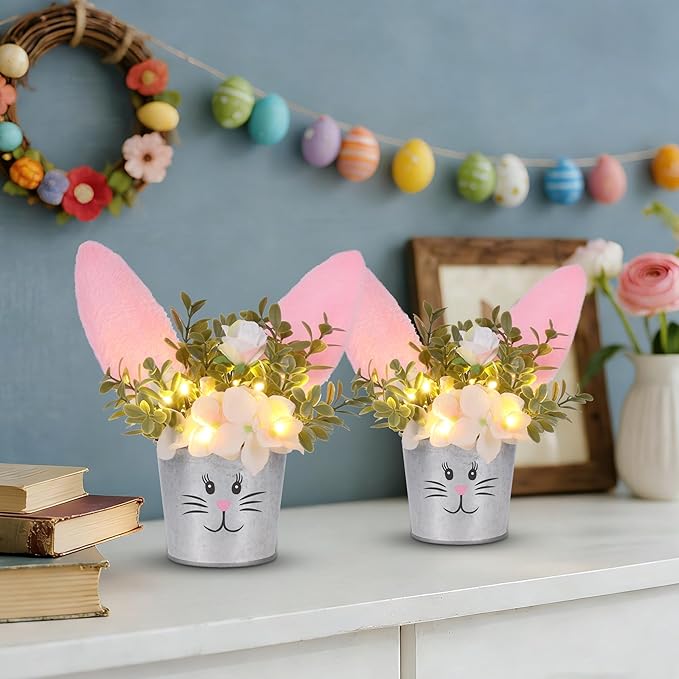 Prsildan 2 Pcs Easter Table Decorations Artificial Flower with Bunny Ear, Lighted Desk Decor Bunny Flowers, Easter Tabletop Decorations for Home Table Mantle Office Spring Party