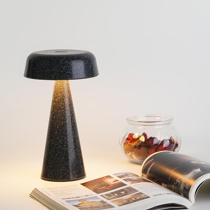 Cordless Mushroom Lamp Rechargeable, Portable Battery Operated Table Lamp Waterproof, Touch Dimmable Night Light for Bedroom/Patio/Dinning/Outdoor (Gypsophila Black)