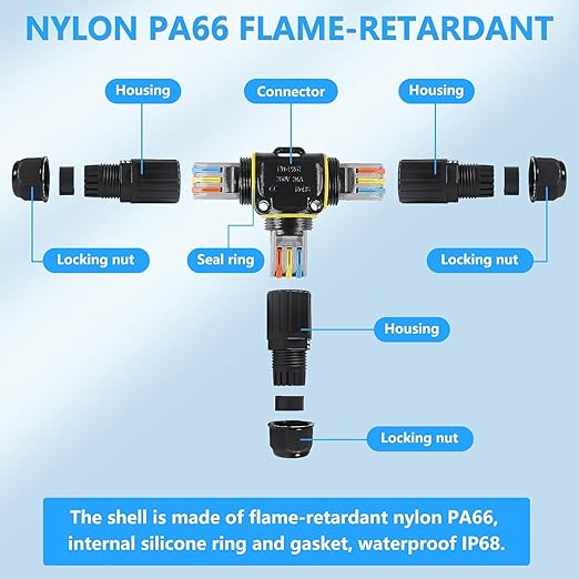 3PCS IP68 Waterproof Electrical Cable Connector, Outdoor 2 Pin T Shape Junction Box, Electrical Wire Connector for 5-9mm Wire Range