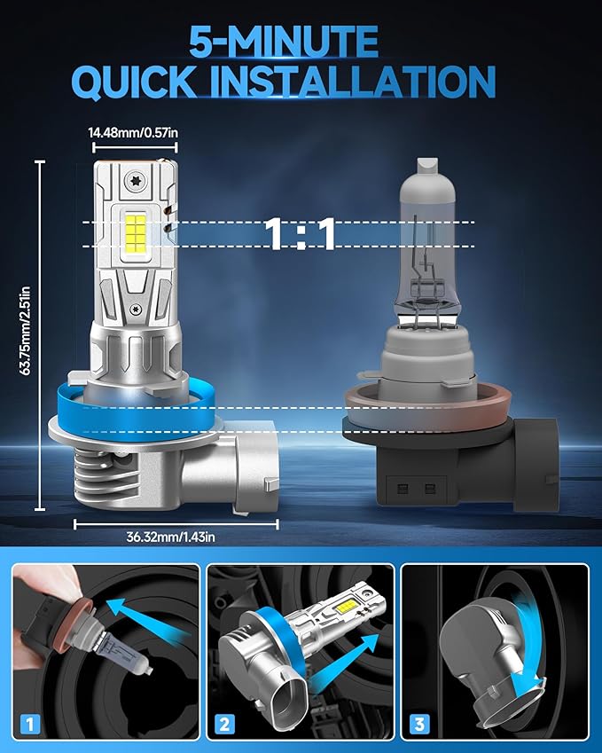 H11 Fog Light Bulbs or DRL, 700% Brighter Fanless H11 H8 H16 Fog Lamp Replacement, 6000K Cool Wihte, Real 1:1 Mini Size Design, Plug and Play, Pack of 2