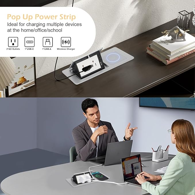 Table Pop Up Outlet Automatic Pop Up Strip Center Countertop Recessed Power Strip with 15W Wireless Charger + USB A + USB C + 2AC 5.9Ft Cord for Conference Desk Office Kitchen (Silver-Wireless)