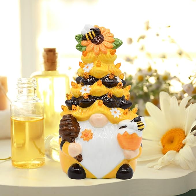 Timer - Spring Bumble Bee Gnomes Decorations Lighted Up Gnome Ceramic Tree, Rustic Farmhouse Kitchen Table Bee Decor, Summer Sunflower Home Decor Gifts