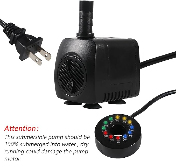 15W 220 GPH Submersible Fountain Water Pump Ultra Quiet Adjustable Pump (800L/H) with 12 Colorful Automatic Color Changing LED Lights for Water Feature Aquarium fish tanks Outdoor Fountain