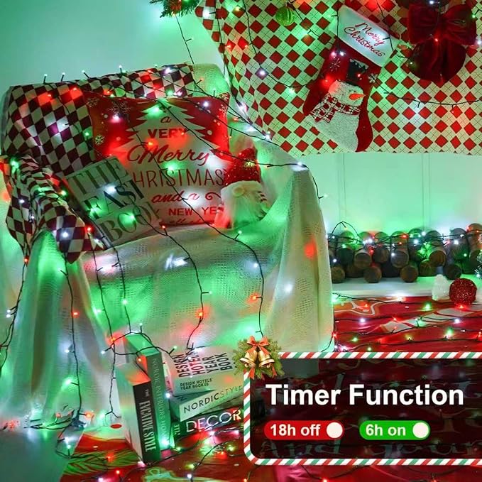 QITONG 165ft 500 LED Red White and Green String Lights, Christmas String Lights with Green Wire, 8 Modes Twinkle Lights Plug in