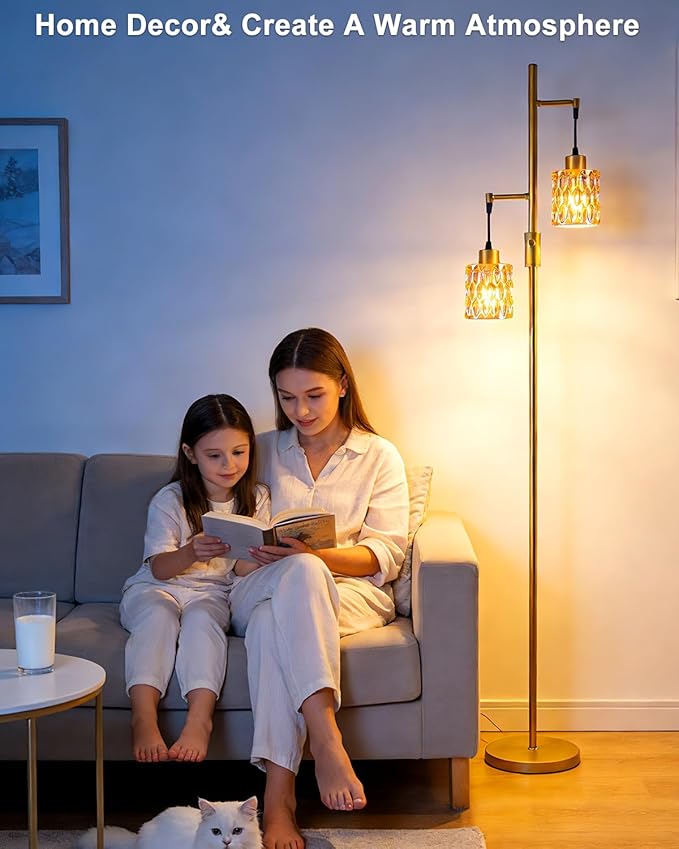 2-Light Gold Floor Lamp, 65IN Tall Standing Lamps Dimmable with Brown Glass Lampshade, 3000K Warmwhite Mid Century Modern Floor Lamp for Living Room/Bedroom