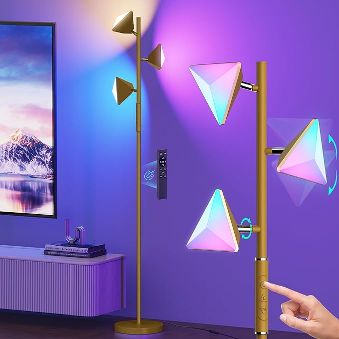 RGBCW Floor Lamp, 36W Color Changing LED Tree Floor Lamp, Stepless Dimmable Tall Standing Lamp with Remote & Touch Control, 2700K-6500K Modern Floor Lamps for Living Room, Bedroom, Gaming Room - Gold