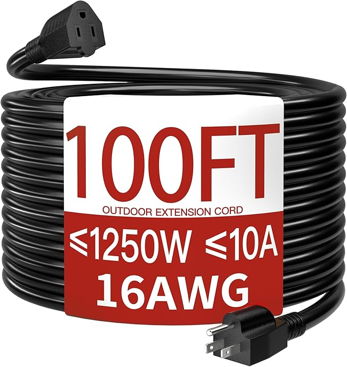 16/3 10A 125V 1250W 100 Ft Outdoor Extension Cord Waterproof, Weatherproof & Flame Retardant Black 3 Prong Power Cord Outside for Lawn & Garden, SJTW ETL Listed