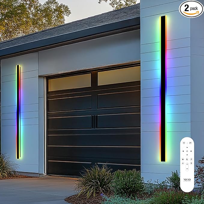 𝗠𝗢𝗗 𝗟𝗜𝗚𝗛𝗧𝗜𝗡𝗚 Haylen RGB | Long Outdoor Wall Lights, 7 Colors and 358 Light Effects, Dimmable with Remote Modern Linear Exterior Light Fixture, Waterproof Wall Sconce 45W, 2-Pack (RGB | 67")