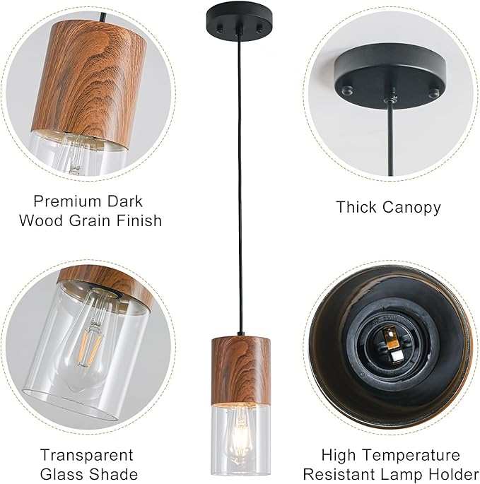 Modern Pendant Lights for Kitchen Island, Adjustable Pendant Light Fixtures with Brown Wood Grain, Industrial Clear Glass Pendant Lights for Dining Table Hallway Bedroom Living Room,1 Pack