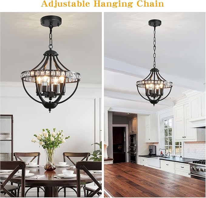 Farmhouse Crystal Ceiling Hanging Chandelier,16inch Black Rustic Vintage Pendant Light Fixture for Living Room Bedroom Dining Room Dining Foyer Kitchen Entry （5-Light）
