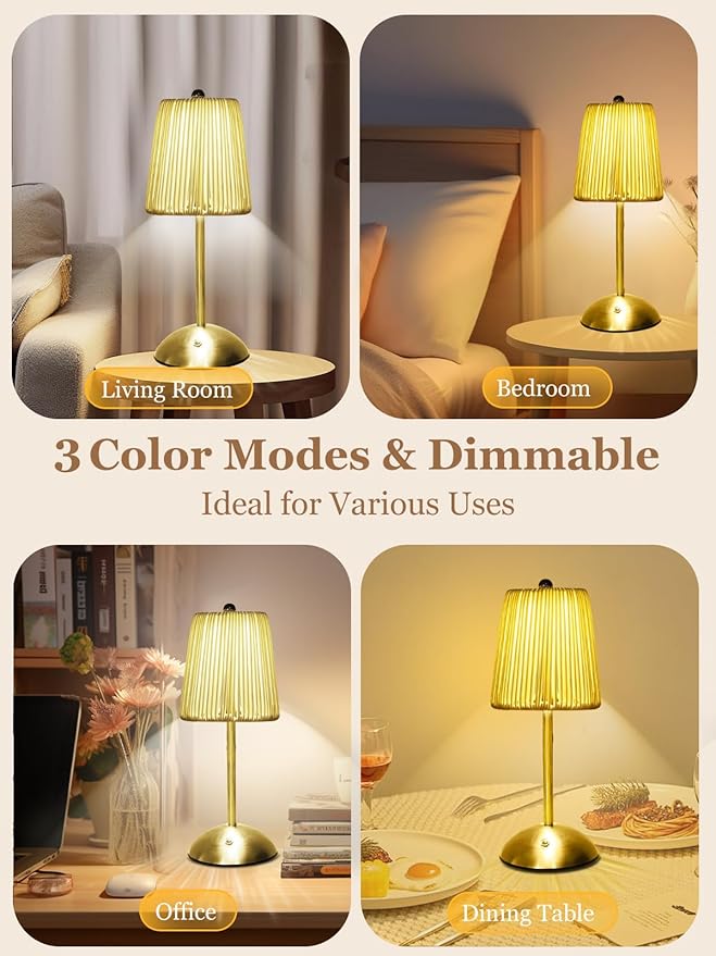 Boho Rattan Table Lamp, Cordless Wicker Woven Vintage Table Lamp - LED Rechargeable Touch Control 3 Color Dimmable Reading Bedside Lamp for Bedroom Living Room Office, Home Outdoor Decor (White-1)