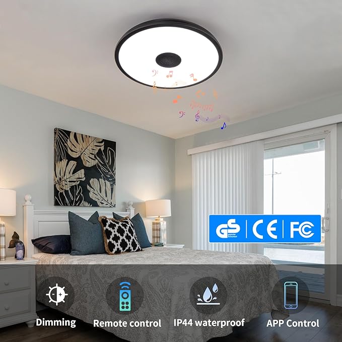 Black Smart Waterproof LED Flush Mount Ceiling Light Fixture,18W,with Bluetooth Speaker,RGB Color Changing Function-Dimmable Lamp,Tuya Application Control-Compatible with Alexa Google Home