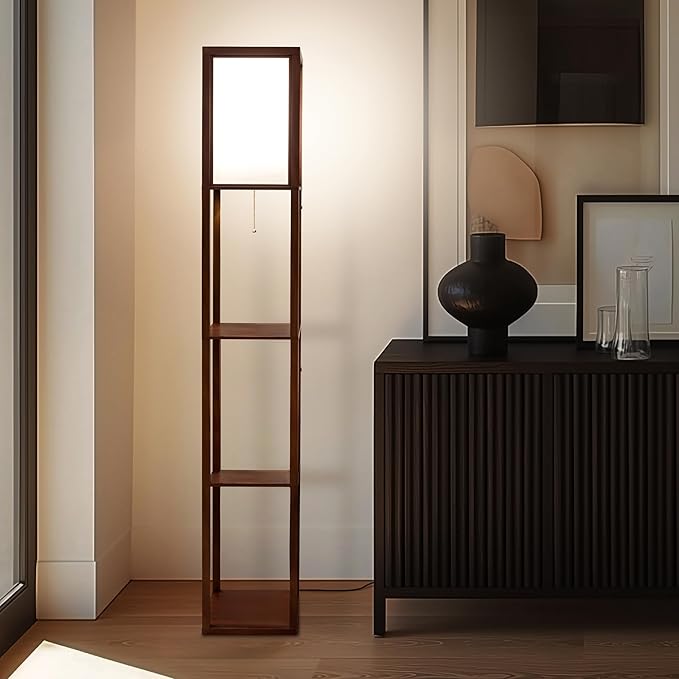 Brightech Maxwell - Modern Shelf Floor Lamp with Lamp Shade & Warm White LED Bulb, Corner Display Floor Lamp with Shelves for Living Room, Bedroom, Nightstand Office, Home Decor Storage - Havana Brown