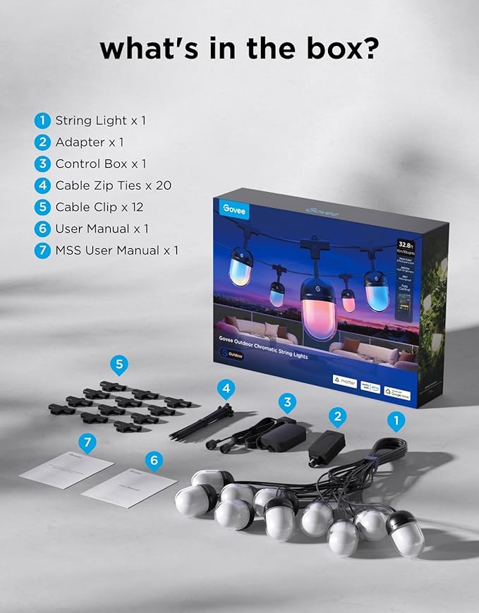 Govee Outdoor Chromatic String Lights, 32.8ft RGBIC Outdoor Lights with 55 Uni-IC Control LED Bulbs, 111+ Scene Modes, IP67 Waterproof, String lights compatible with Alexa, Google, Matter, App Control