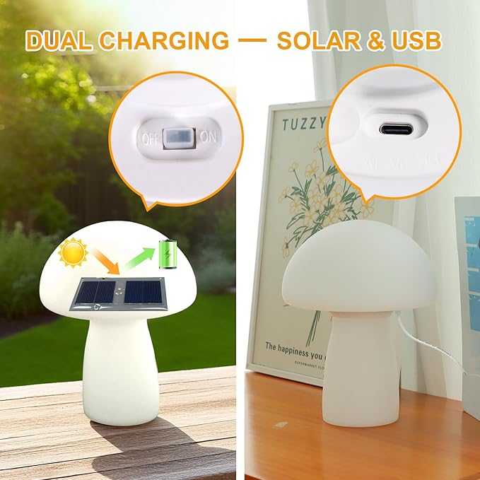 Solar Table Lamp Outdoor Waterproof, Mushroom Solar Lamp with USB & Solar Charging, 2000mAh Rechargeable IP65 Patio Garden Decor Light for Indoor Outdoor, Bedside Lamp, Housewarming Gift
