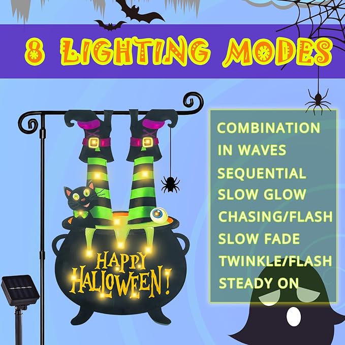 Halloween Lighted Garden Flag for Outside, Led Solar Yard Flag 8 Modes Witch Feet Shape Flag, 12x18 Double Sided Cauldron Eyeball Black Cat Decorations for Home Porch