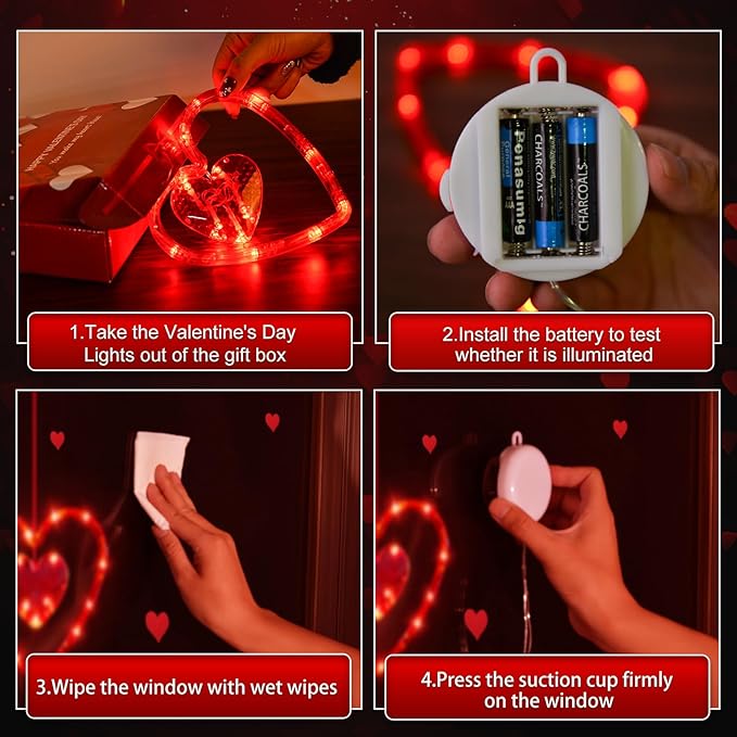 3 Pack Valentines Day Window Lights Decorations with Timer, Battery Powered Hanging Red Lighted Heart Shaped Silhouette Sucker LED Lamp for Fireplace Indoor Home Decor