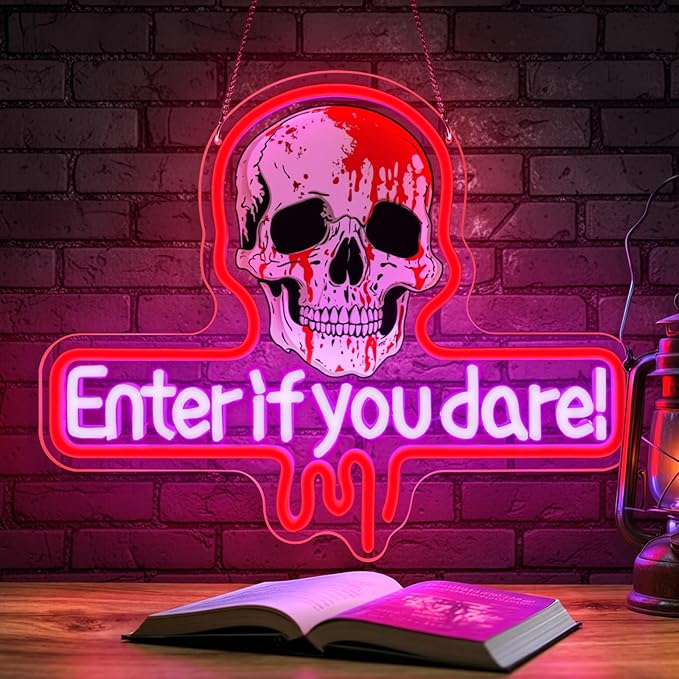 Enter If You Dare Neon Sign for Halloween Haunted House Décor,Skull LED Neon Light Wall Sign with Adjustable Brightness,USB Powered Spooky Neon Wall Art for Party Room Bar Bedroom Decoration