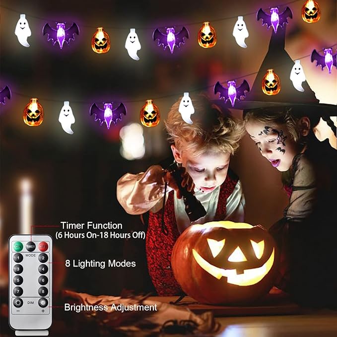Halloween Lights Decor, 16 FT 30 LED 3D Pumpkin Bat Ghost Battery Operated String Lights with Timer - 8 Lighting Modes Fairy Lights for Home Door Porch Indoor Outdoor Party Decorations
