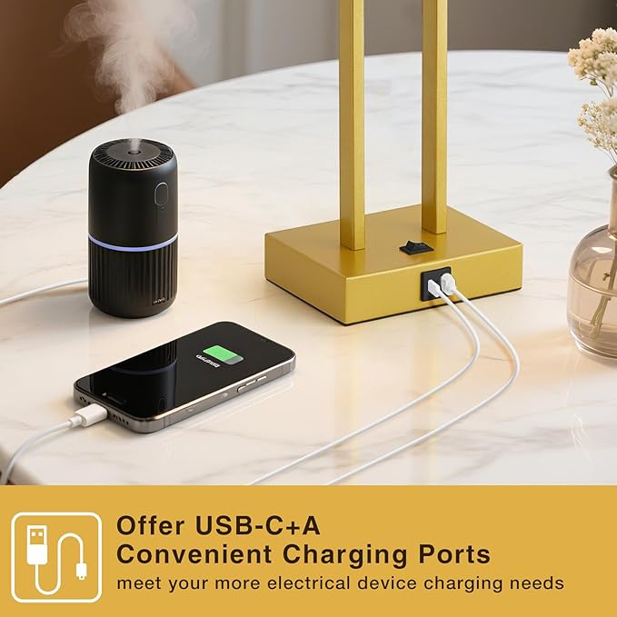 GyroVu 25.5" Nightstand Table Lamps for Bedrooms Set of 2, Bedside Lamp with USB C+A, 3 Colors Changeable Living Room Lamp, Modern Night Stand Lamps for Bed Side Guest Room Reading, Gold+White Shade