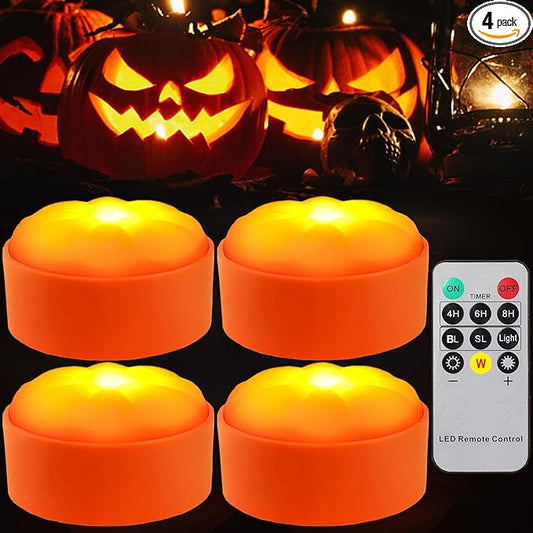 Halloween Pumpkin Lights with Timer Remote, Battery Operated Orange LED Pumpkin Lights Halloween Decor Flickering Jack-O-Lantern for Pumpkins Home Decorations (4PACK)