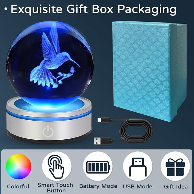 3D Hummingbird Crystal Ball Night Light with LED Colorful Touch Base 3.15 in Hummingbird Figurine Glass Sphere Lamp for Birthday Christmas, Cute Hummingbird Home Decor Gifts for Kids Teens Women
