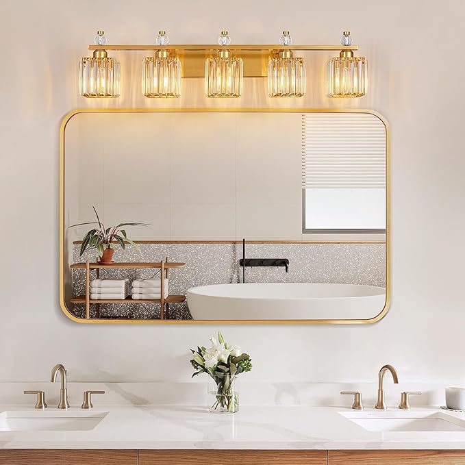 Vanity Lights 5-Light Modern Crystal Vanity Light Gold Bathroom Light Fixtures Over Mirror Crystal Bathroom Vanity Lighting Fixtures