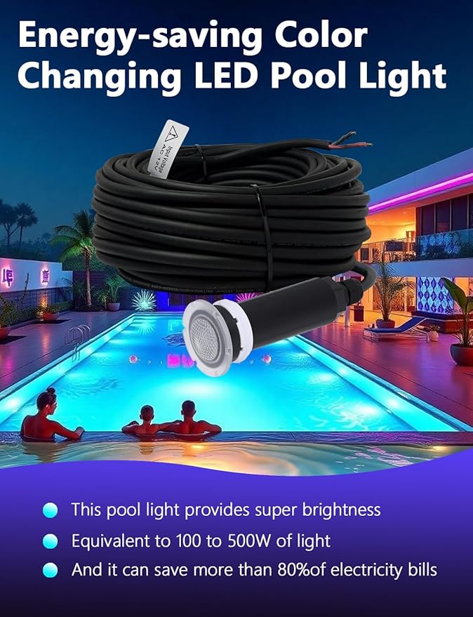 Direct Replacement for Pentair Globrite Pool Light - 1.5 Inch Pool Lights 12VAC 100ft Cord RGB Color LED Changing Swimming for Inground Pools/Spa
