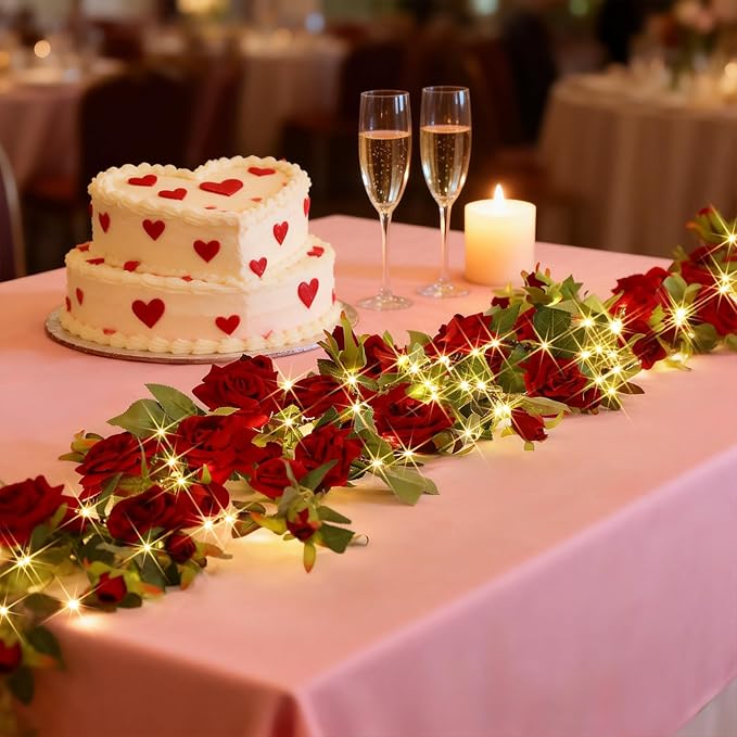 GOESWELL Rose Flowers Vines Garland Lights: 6FT Artificial Flower Vine Lights for Room Wall Decor - Fake Red Roses Hanging Vine Light Indoor for Wedding Arch Backdrop Decorations