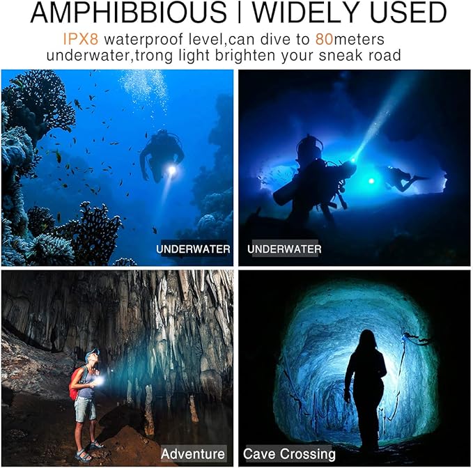 Scuba Diving Flashlight Dive Torch 2000 Lumen Waterproof Underwater XM-L2 LED Submarine Lights Holder with Charger for Under Water Deep Sea Cave at Night