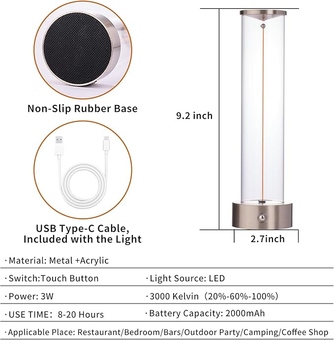 Mini Minimalist Tabe Lamp with Breathing Effect, Cordless LED Desk Lamp Rechargeable Modern Night Lights Portable Lamps for Gaming, Bedroom, Living Room, Kitchen, Bar, Restaurant (Sliver)
