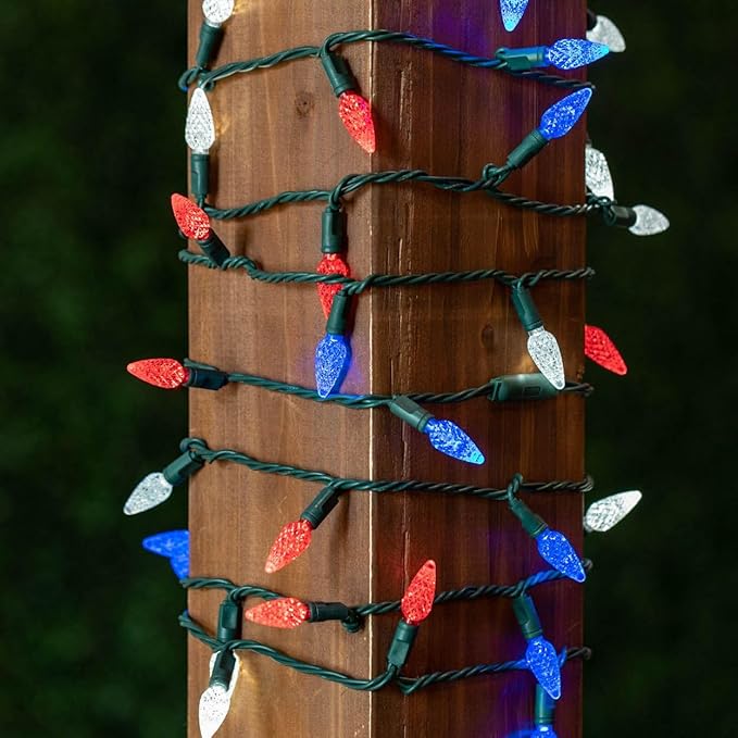 70 Light 24Ft July 4th USA Lights Commercial String Lights C6 LED Strawberry Faceted Bulb – Red/White/Blue, Green Wire, Indoor/Outdoor, Full Wave No Flicker, Connect 43 Sets