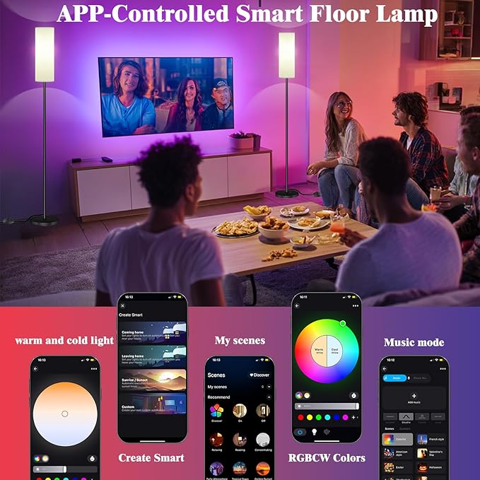 Smart LED Floor Lamp with APP Control & RGB Colors - Dimmable Standing Lamp for Living Room, Bedroom, Gaming - Remote, Timer, 9W Bulb Included, 67" Modern Tall Lamp (black pole + white shade)