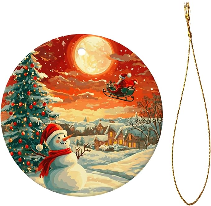 Merry Christmas Snow Scene Santa Claus Christmas Ornaments, Christmas Decorations Xmas Tree Hanging Ornaments, Round Ceramic Festive Keepsake Gift for Xmas Decorations Holiday Home Decor