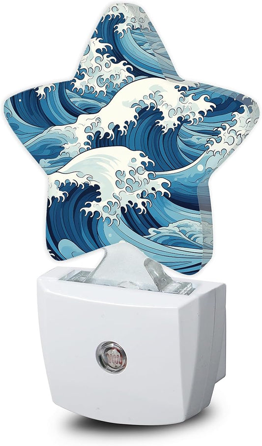 Japanese Sea Waves Nightlight,The Great Wave Star Night Lights Plug into Wall Decorations for Bedroom Bathroom,Dusk to Dawn Sensor Kitchen Hallway Stairs Energy Efficient Desk Lamp
