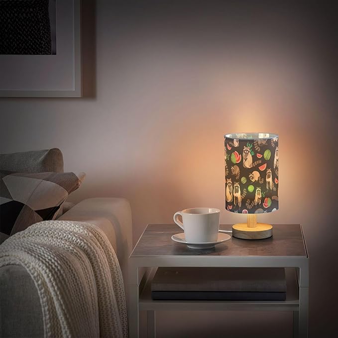Table Lamp Cute Raccoons Watermelon Pattern Nightstand Lamp with Wood Base Fabric Lamp Shade Bedside Desk Lamp for Living Room Bedroom Kids Room Office