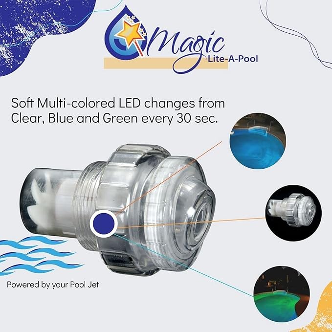 | New and Improved | Jet with LED Lights Provide Mood Pool Lighting w/o Batteries | Powered by Pool Jets | No Tools Req’d Simply Screw in & Replace Your Standard 1.5” Jet Return