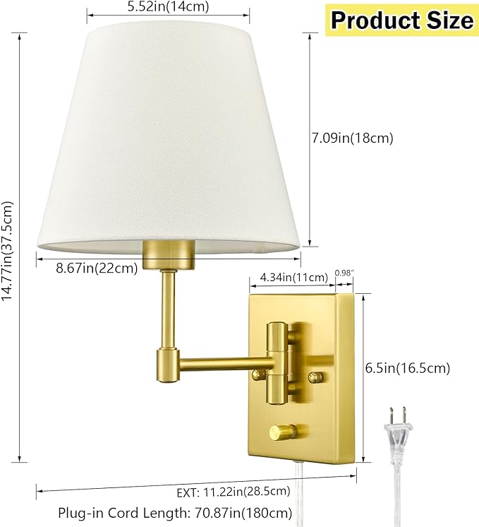 SAMTEEN Gold Plug-in Wall Sconces Set of Two Beige Shade Brass Swing Arm Wall Lamp with Plug-in Cord Wall Mount Light for Bedroom Living Room