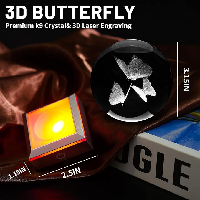 3D Crystal Ball Night Light with LED Colorful Touch Base - Butterfly Gifts for Women, Kids & Teens - 3.15' Glass Sphere Lamp - Home Decor