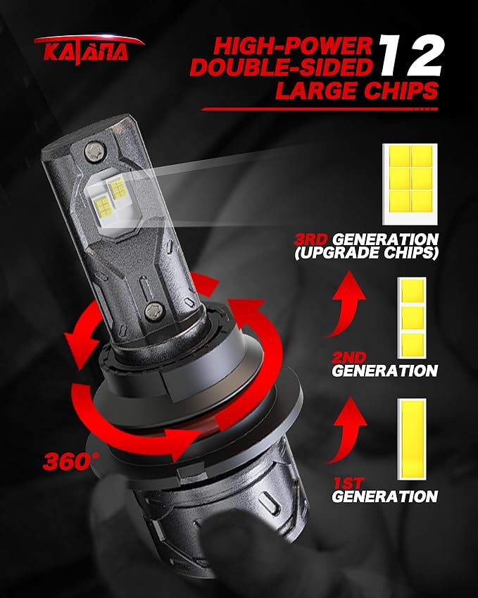 Katana 9007 Light Bulb, HB5 Bulb 400% Brightness 6500K White Plug and Play Mini Size Fog Light Bulb of 2