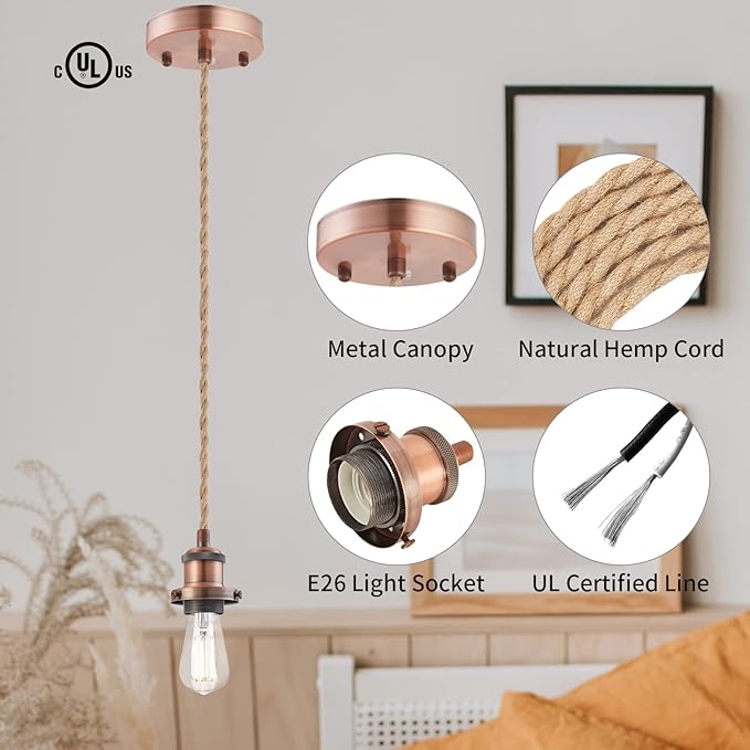 Industrial Mini Pendant Light Kit, E26 Socket Pendant Hanging Light, Hemp Rope Vintage Hanging Pendant Light Cord, Adjustable Pendant Lights Ceiling Mount Kitchen Island Farmhouse