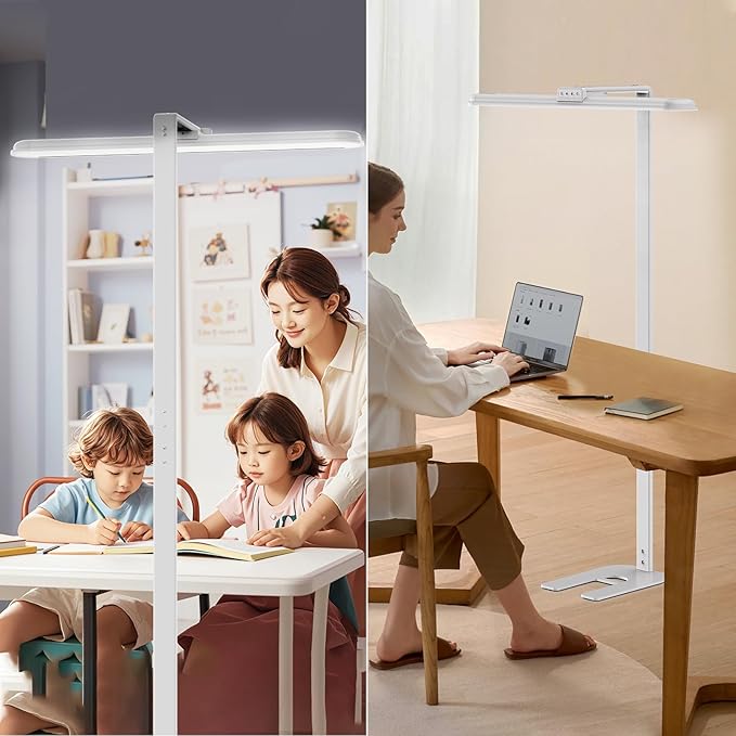 LED Desk Lamp for Home Office, Double Head Desk Lamp,24W Dimmable Desk Light 5 Color 5 Brightness Levels Office Lamp, Adjustable Gooseneck Office Light Eye Protection (White-Large Desk lamp)