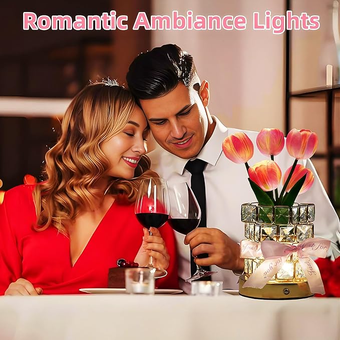 Tulips Flower Lamp,Rechargeable Cordless Touch Table Lamp for Bedroom,3-Colour Dimming Small Night Light,Crystal Bedside Lamps with USB Charge,Birthday Valentine's Day Gifts for Women,Mom,Wife