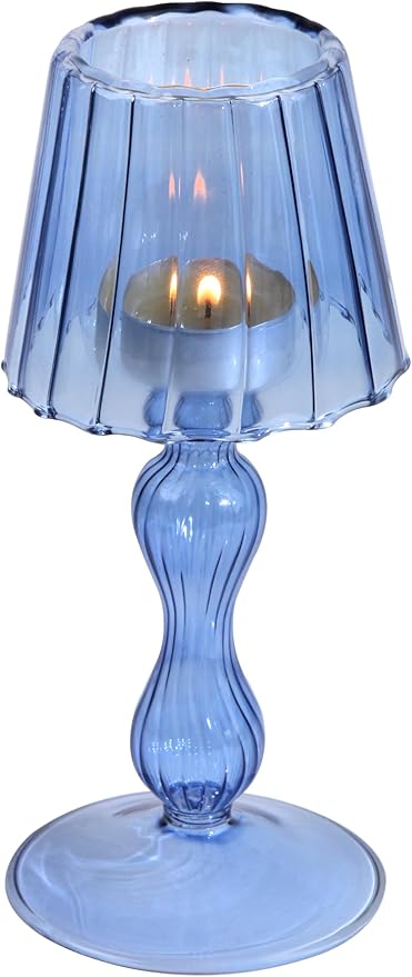 Desk Lamp Shaped Glass Candle Holder - Glass Hurricane Candleholder Crystal Decorative Candle Stand for Table Wedding Dinning Centerpieces Party Supplies Decor NavyBlue