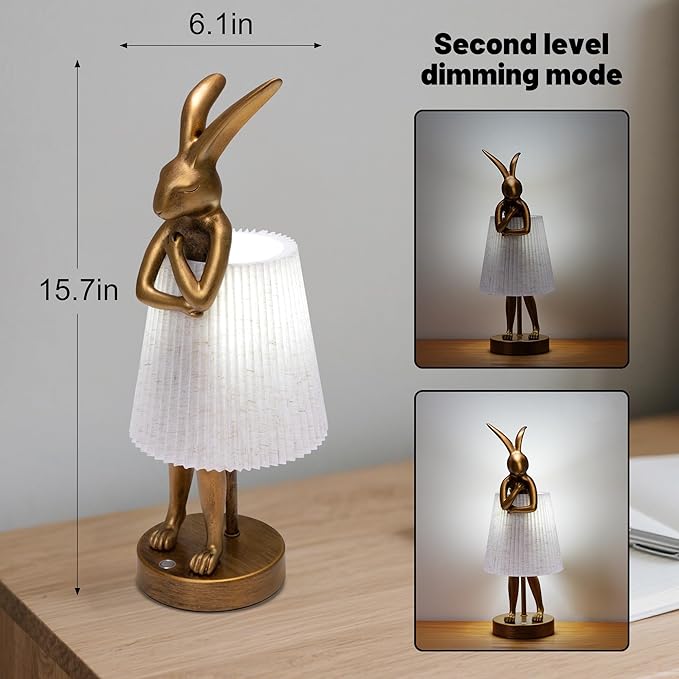 Bunny Cordless Table Lamp with 5000mAh Battery,Rechargeable Resin Rabbit Lamp with Pleated Shade Stepless Dimmable LED Small Cute Animal Light for Kids Room Home Decor Adult Gift(Pattern)